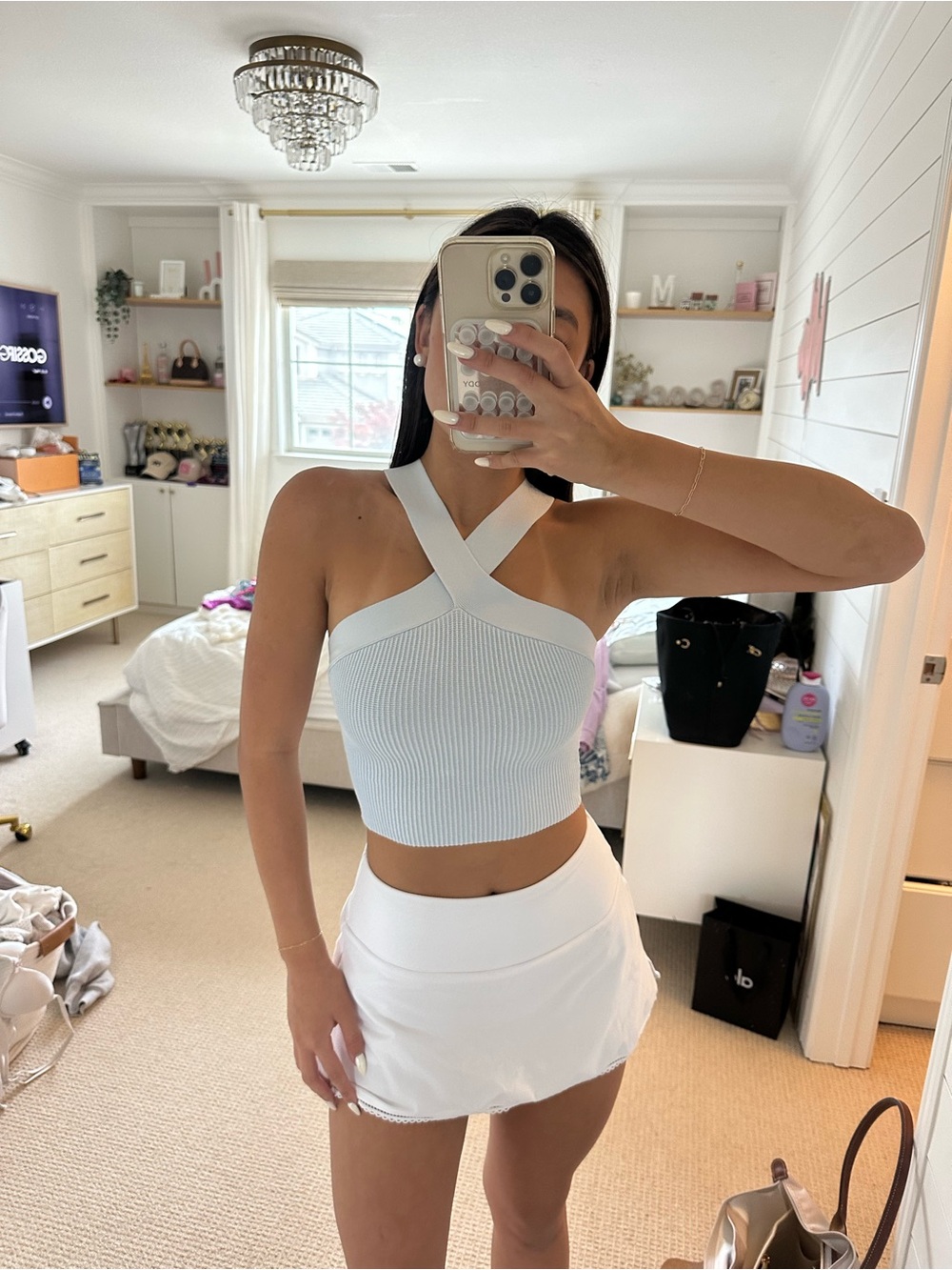 Aritzia Blue Ribbed Cross-Strap Crop Camisole